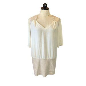 Lenny B Paris Beige Suede Accent Oatmeal Dress 3/4 Sleeves V-Neck Shift Sz 3 (L)